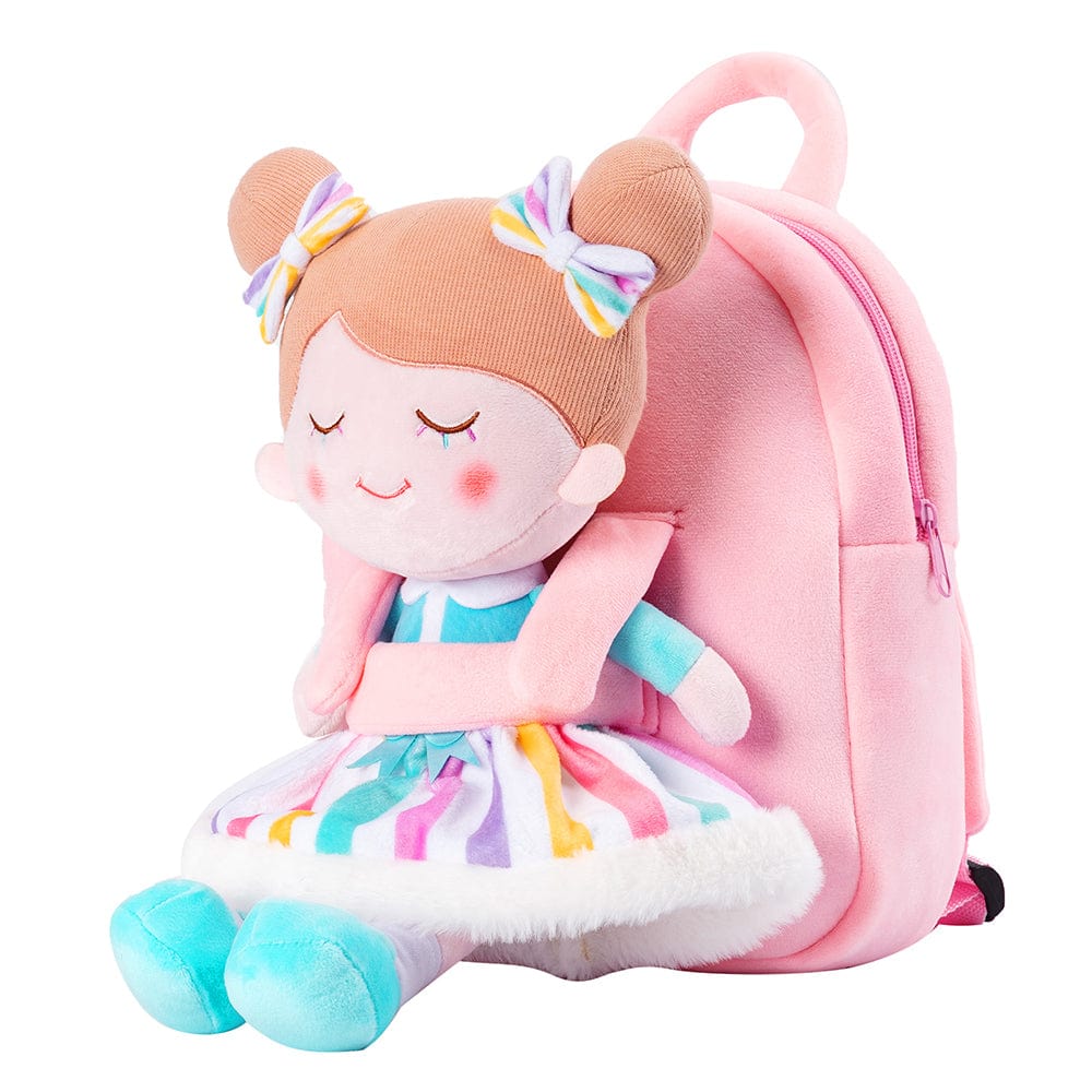 Personalized Pink Plush Backpack with Doll Carrier Rainbow