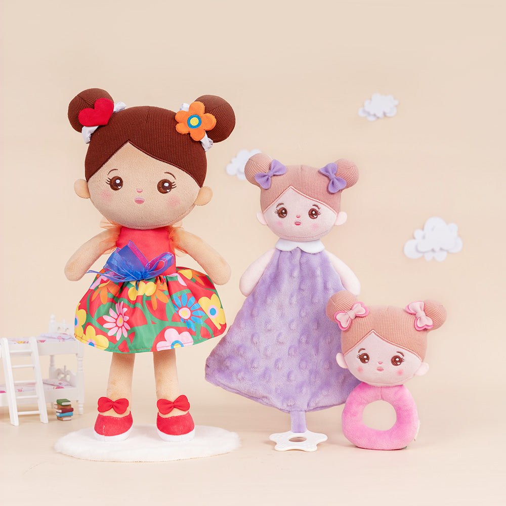 Personalized Brown Skin Tone Red Floral Dress Plush Baby Girl Doll
