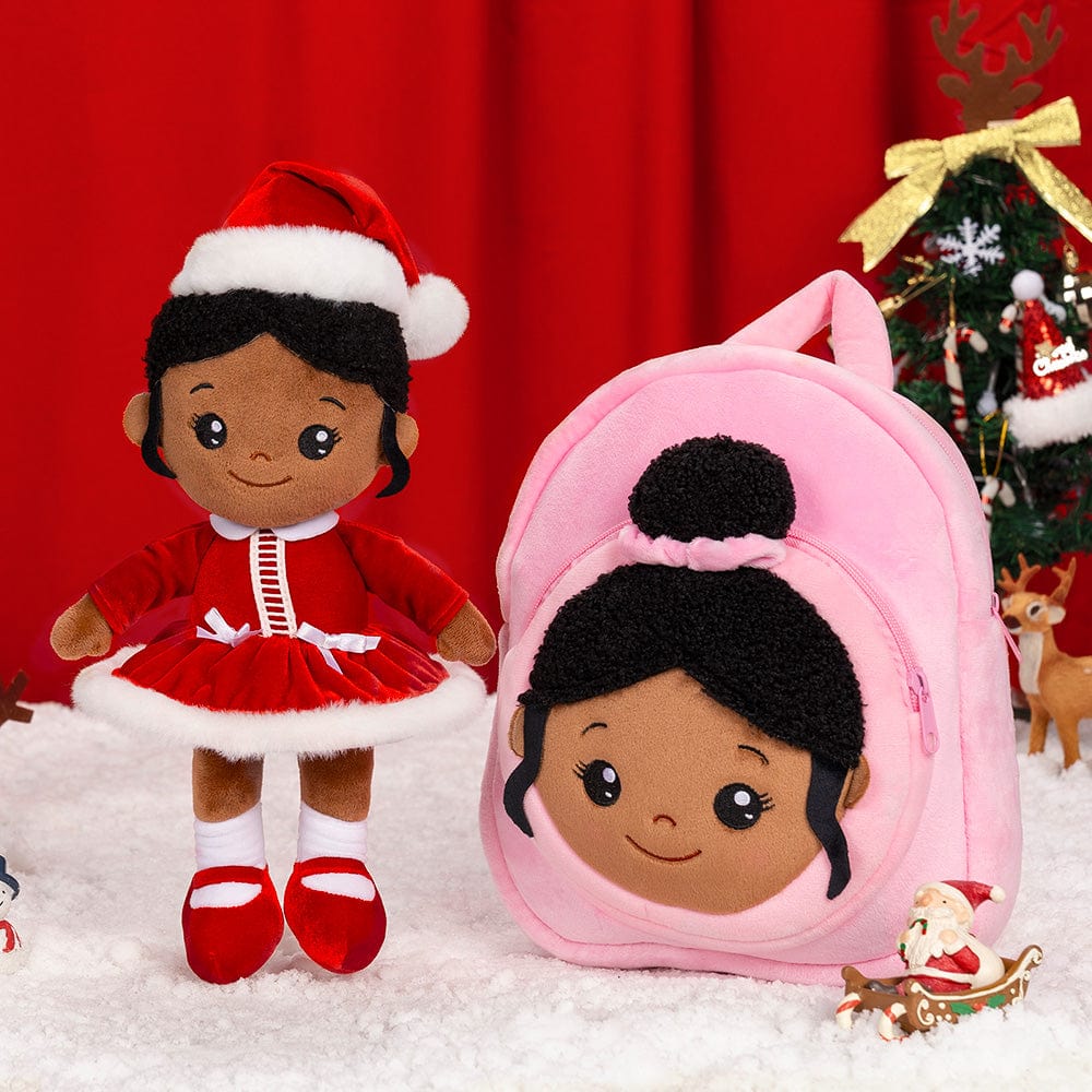 Personalized Deep Skin Tone Red Christmas Plush Baby Girl Doll With Pink Bag