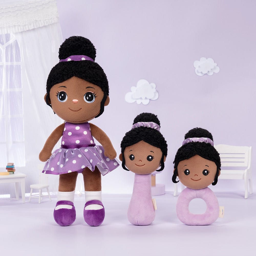 Personalized Deep Skin Tone Plush Doll Purple Nevaeh Doll Rattles