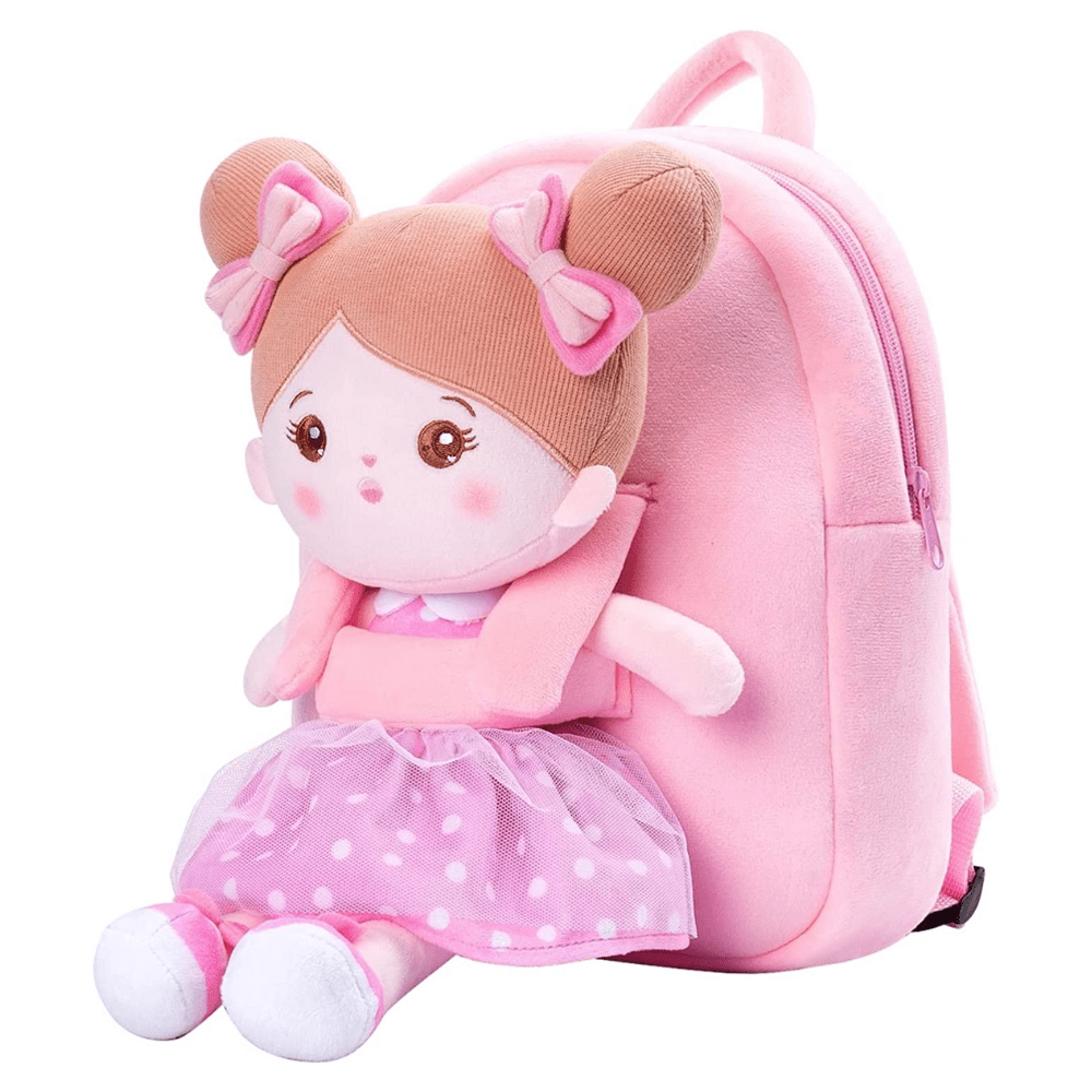 Personalized Pink Plush Backpack with Doll Carrier Pink Dots