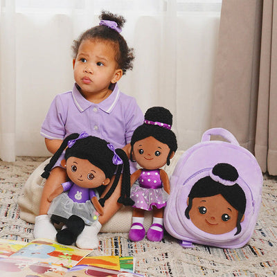 Personalized Deep Skin Tone Plush Doll & Backpack Giftset