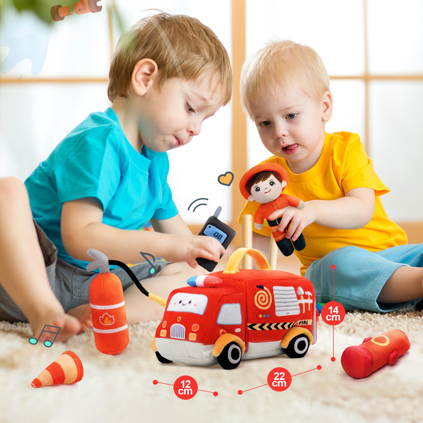 Personalized Baby's First Fire Truck Plush Playset Sensory Toy Gift Set