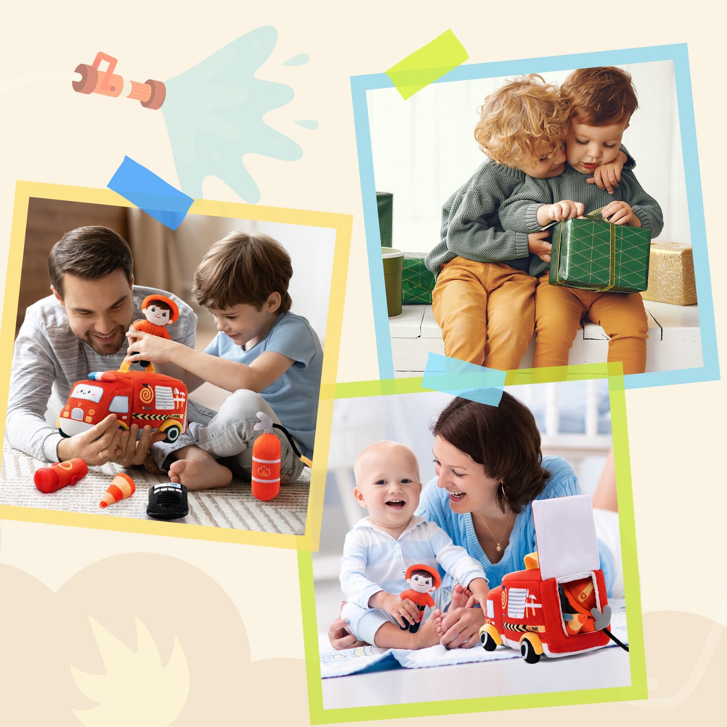 Personalized Baby's First Fire Truck Plush Playset Sensory Toy Gift Set