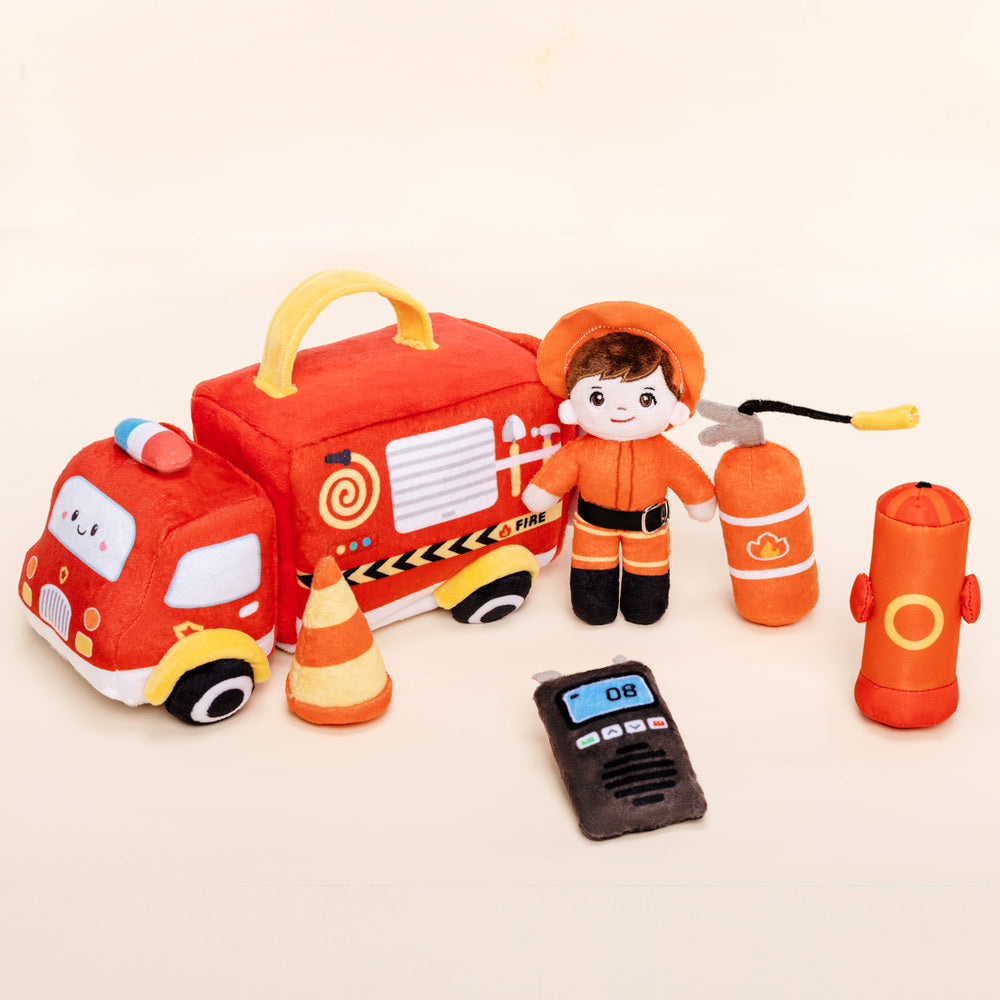 Personalized Baby's First Fire Truck Plush Playset Sensory Toy Gift Set
