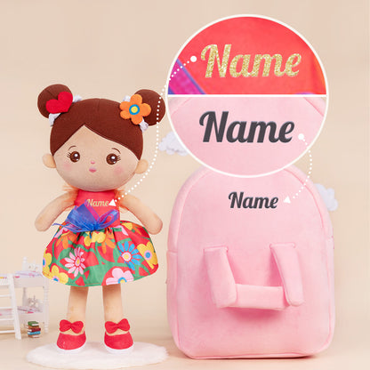 Personalized Brown Skin Tone Red Floral Dress Plush Baby Girl Doll