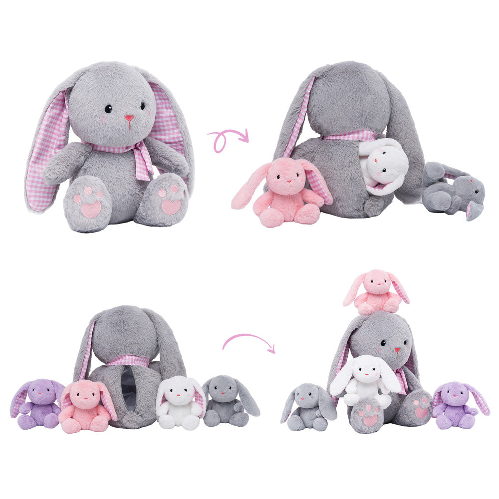 Rabbit Family with 4 Babies Plush Playset Animals Stuffed Gift Set for Toddler