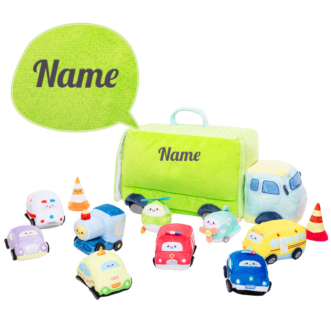Personalised Plush Double Decker Truck Trailer Sensory Toy Set