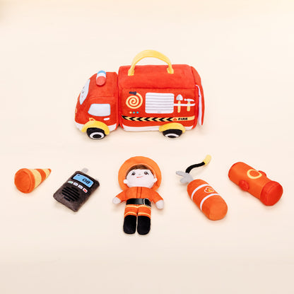 Personalized Baby's First Fire Truck Plush Playset Sensory Toy Gift Set