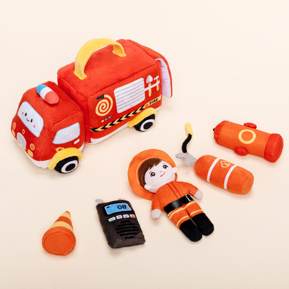 Personalized Baby's First Fire Truck Plush Playset Sensory Toy Gift Set