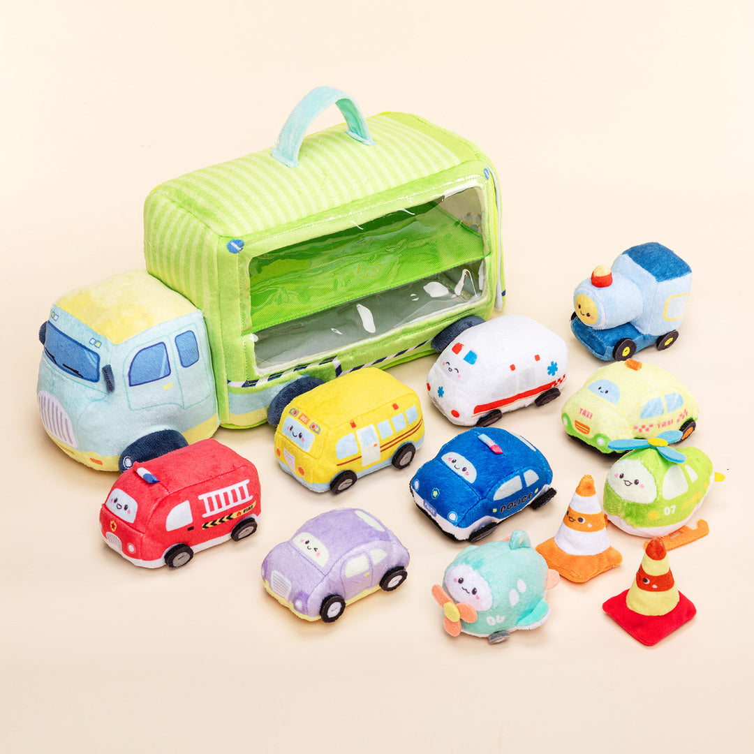 Personalised Plush Double Decker Truck Trailer Sensory Toy Set