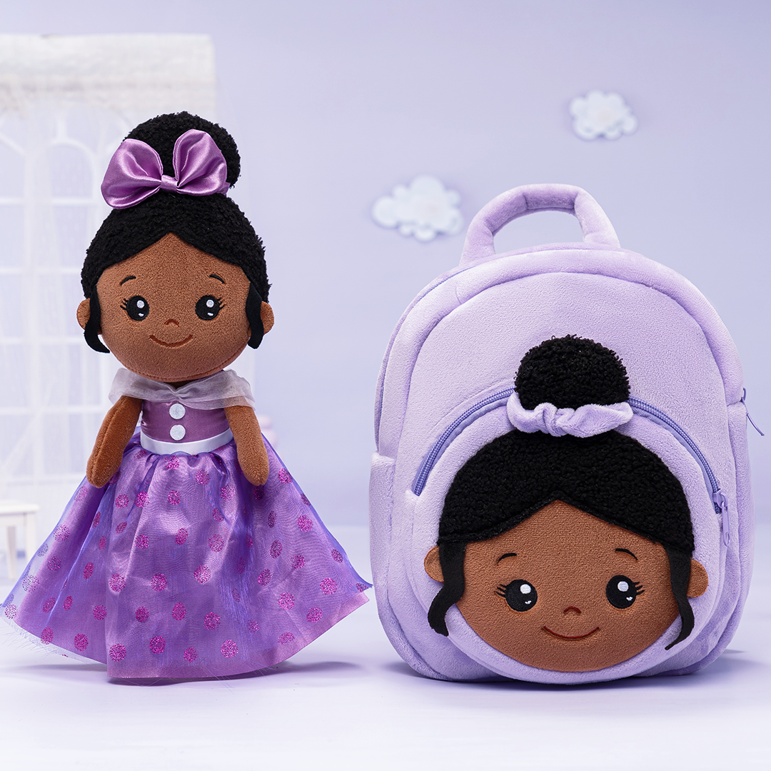 Personalized Deep Skin Tone Plush Purple Princess Doll + Backpack