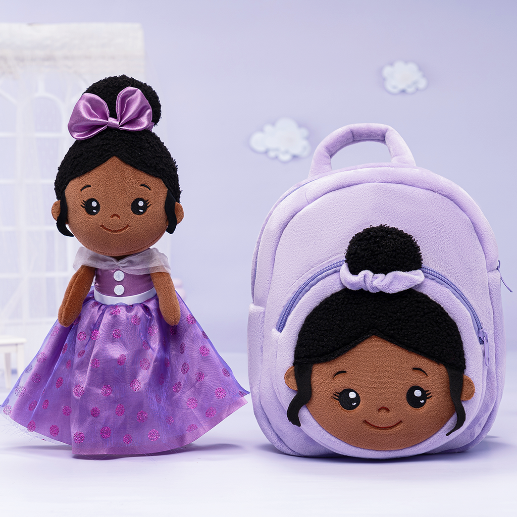 Personalized Deep Skin Tone Plush Purple Princess Doll + Backpack
