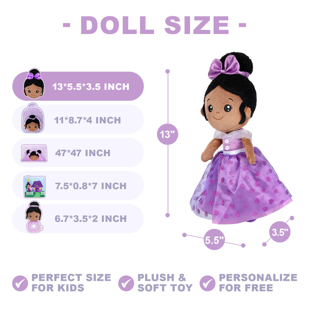 Personalized Deep Skin Tone Plush Purple Princess Doll