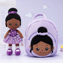 Load image into Gallery viewer, Personalized Deep Skin Tone Plush Nevaeh Purple Doll + Backpack