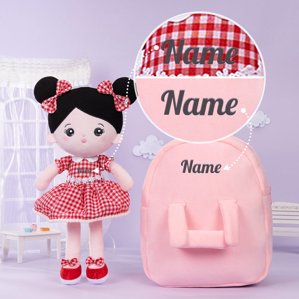 Personalized Black Hair Red Plaid Dress Plush Baby Girl Doll