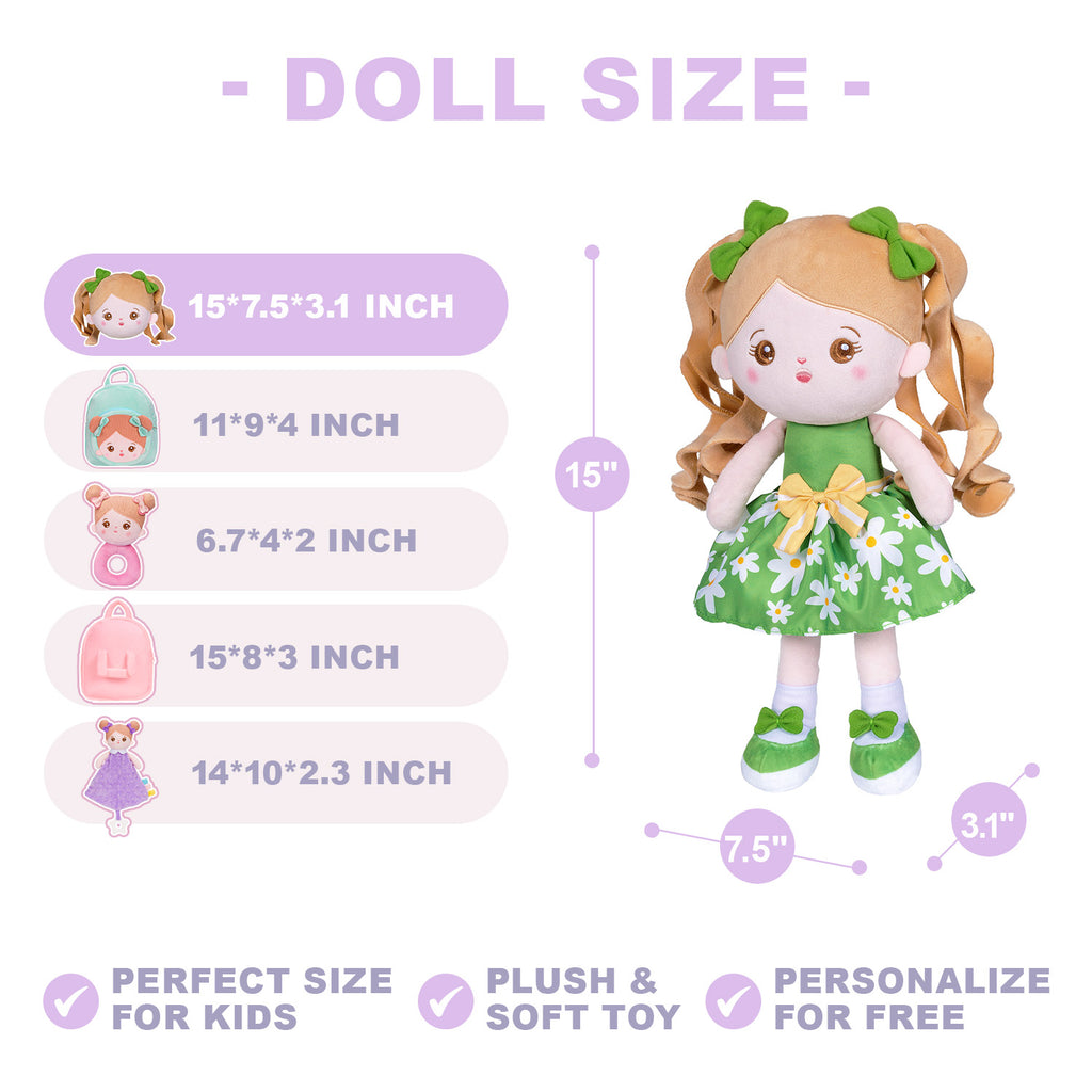 Personalized Green Floral Dress With Braid Plush Baby Girl Doll