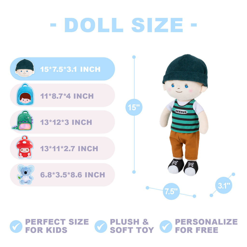 Personalized Blue Eyes & Freckle Face Boy Doll + Backpack