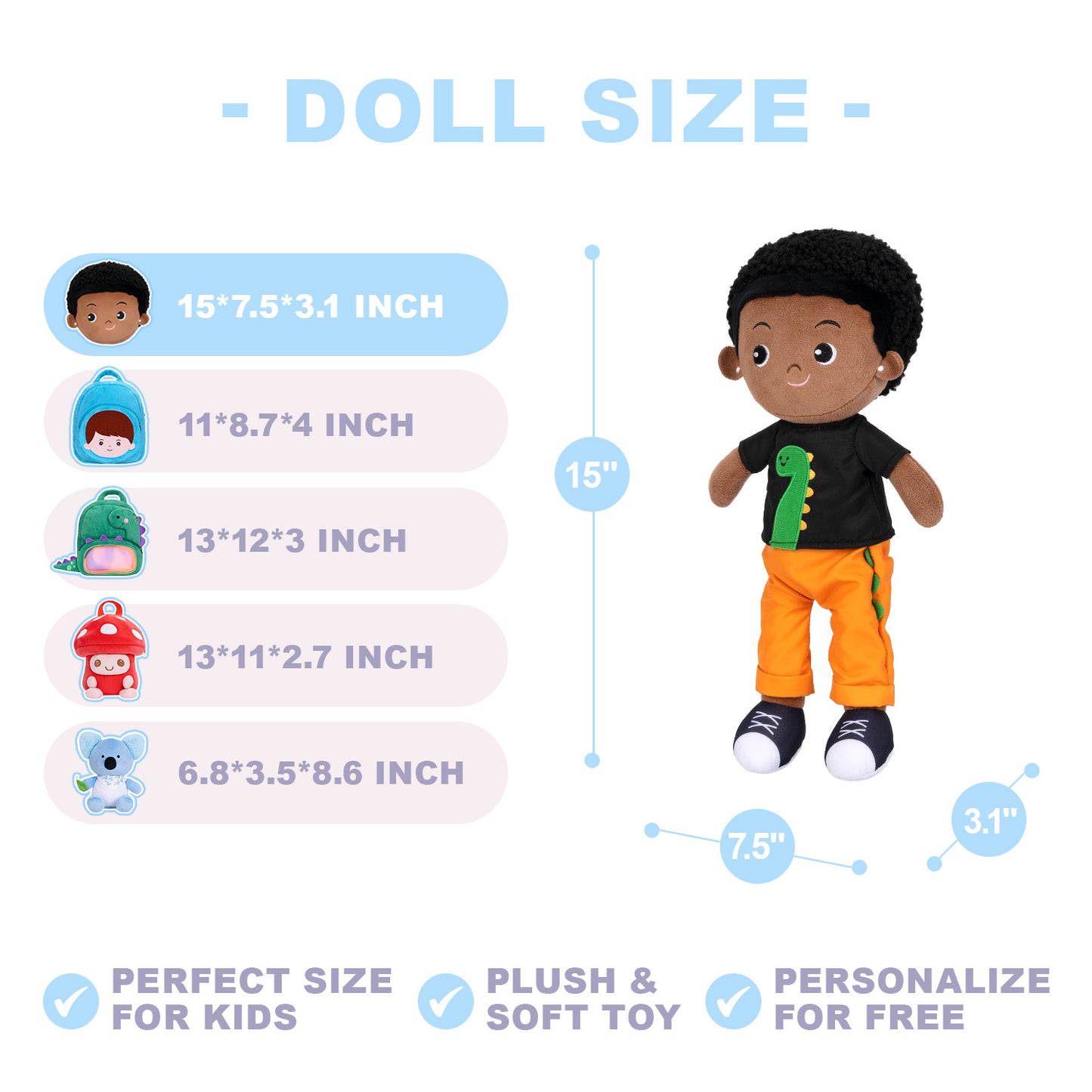 Personalized Deep Skin Tone Plush Cool Boy Doll + Backpack
