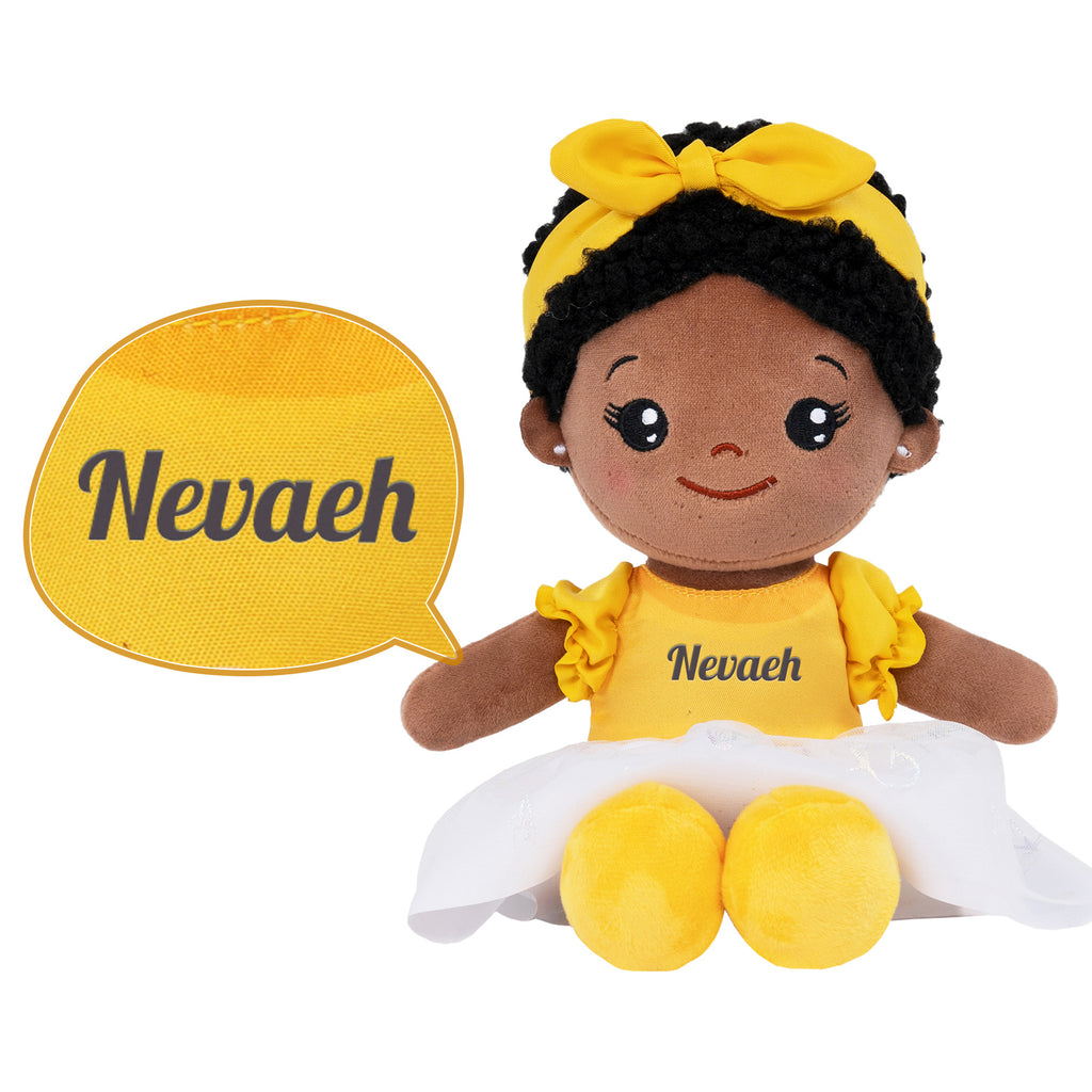 Personalized Deep Skin Tone Plush Nevaeh Yellow Doll + Backpack