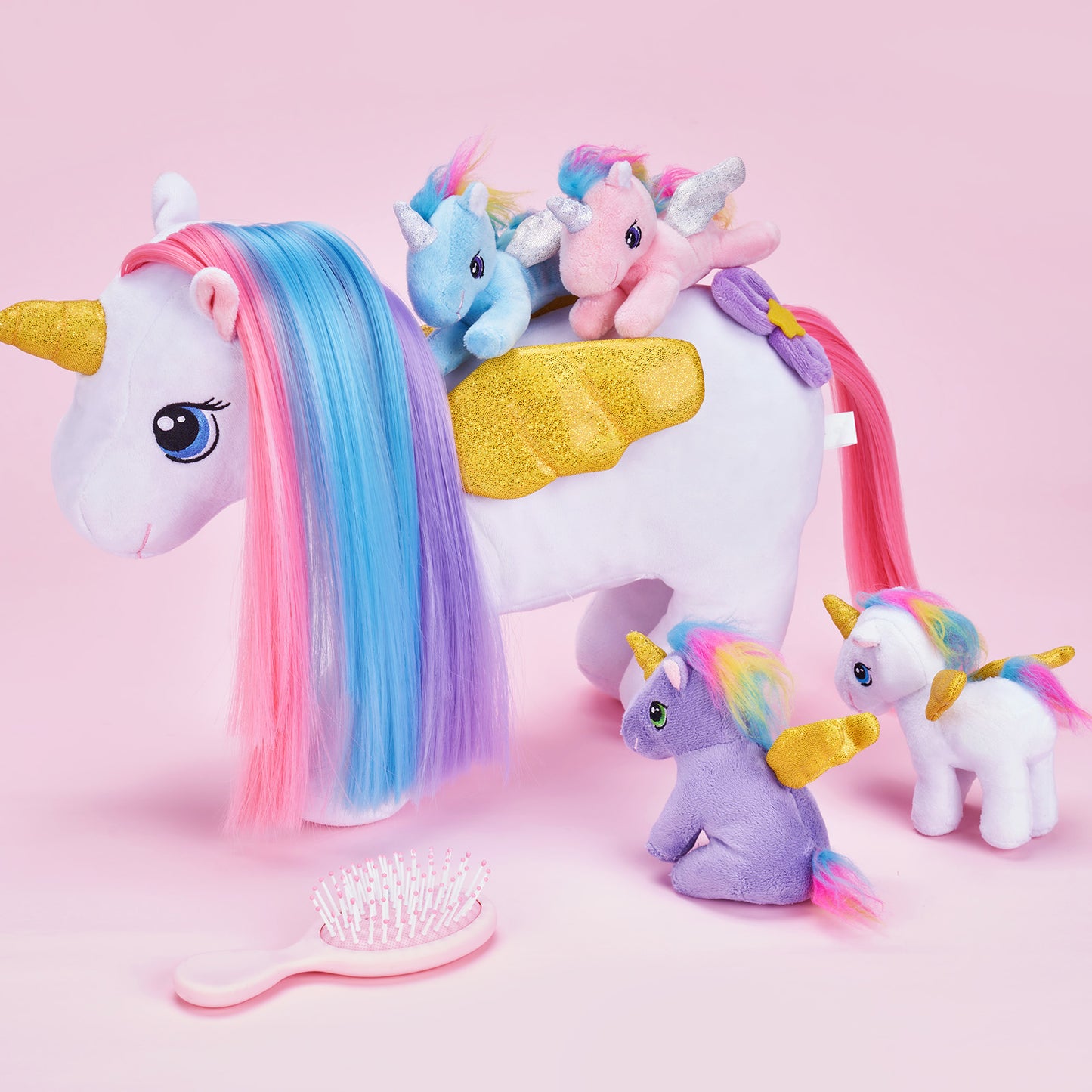 Rainbow Hair Plush Unicorn Mommy with 4 Babies Stuffed Animal Rapunzelcorn