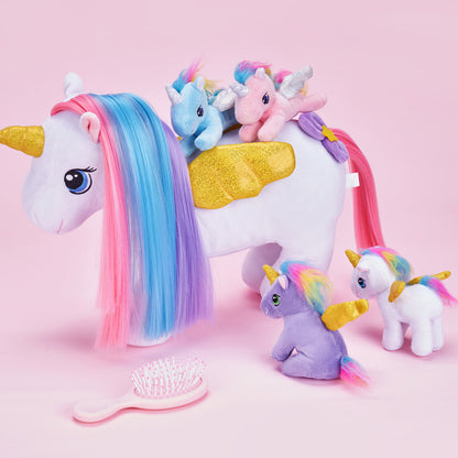 Rainbow Hair Plush Unicorn Mommy with 4 Babies Stuffed Animal Rapunzelcorn