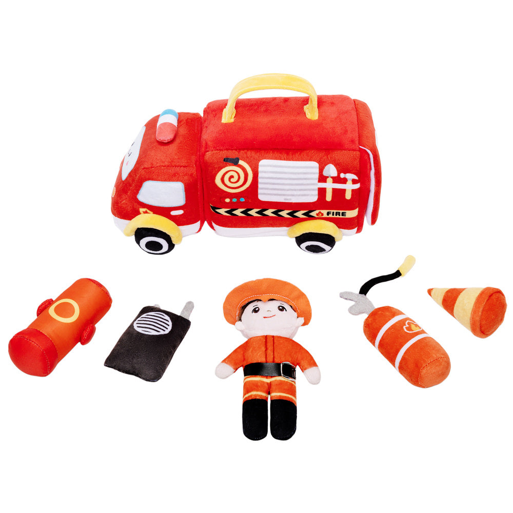 Personalized Baby's First Fire Truck Plush Playset Sensory Toy Gift Set