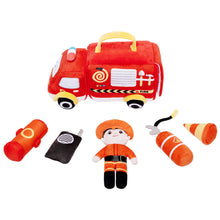 Load image into Gallery viewer, Personalized Baby&#39;s First Fire Truck Plush Playset Sound Toy Gift Set