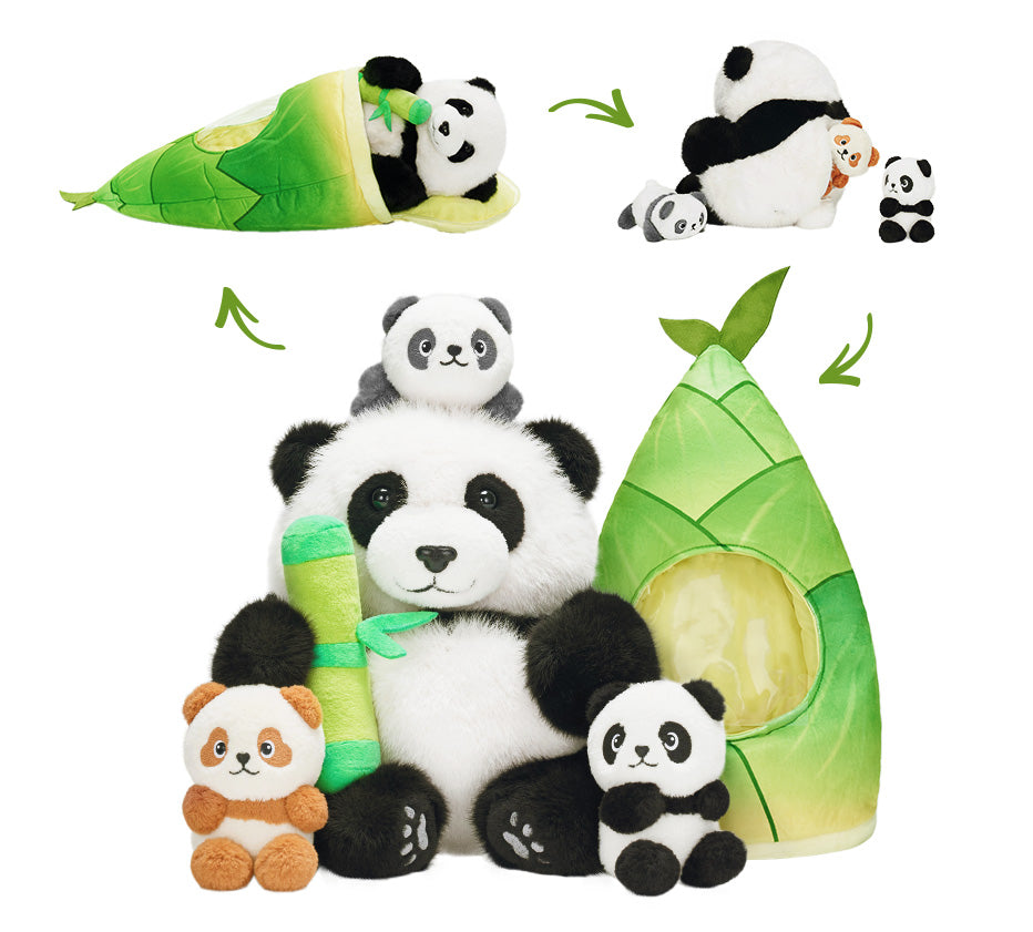 Panda Family with 3 Babies Plush Playset Animals Stuffed Gift Set for Toddler