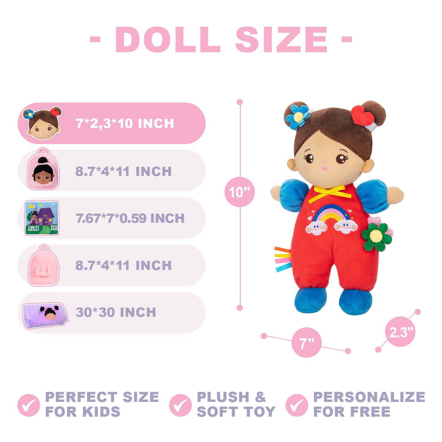 Personalized Brown Skin Tone Mini Plush Baby Girl Doll