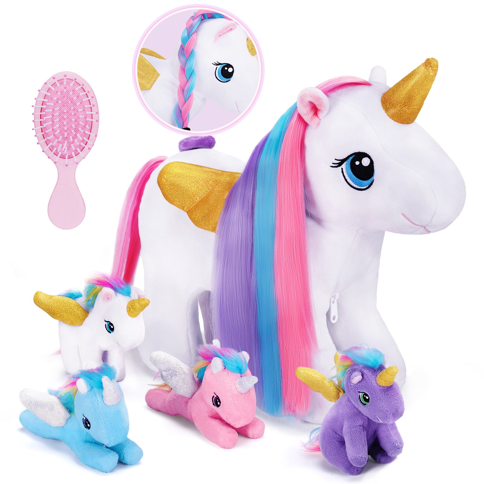 Rainbow Hair Plush Unicorn Mommy with 4 Babies Stuffed Animal Rapunzelcorn Unicorn