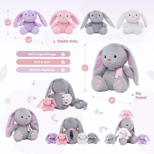 Rabbit Family with 4 Babies Plush Playset Animals Stuffed Gift Set for Toddler