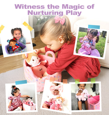 Child playing with dolls and stuffed animals, surrounded by images of the child and toys.