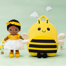 Load image into Gallery viewer, Personalized Deep Skin Tone Plush Nevaeh Yellow Doll + Backpack