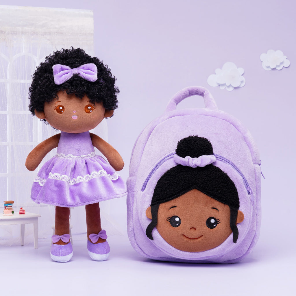 Personalized Deep Skin Tone Plush Curly Hair Baby Girl Doll + Backpack