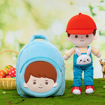 Personalized Rabbit Overalls Plush Baby Boy Doll + Backpack