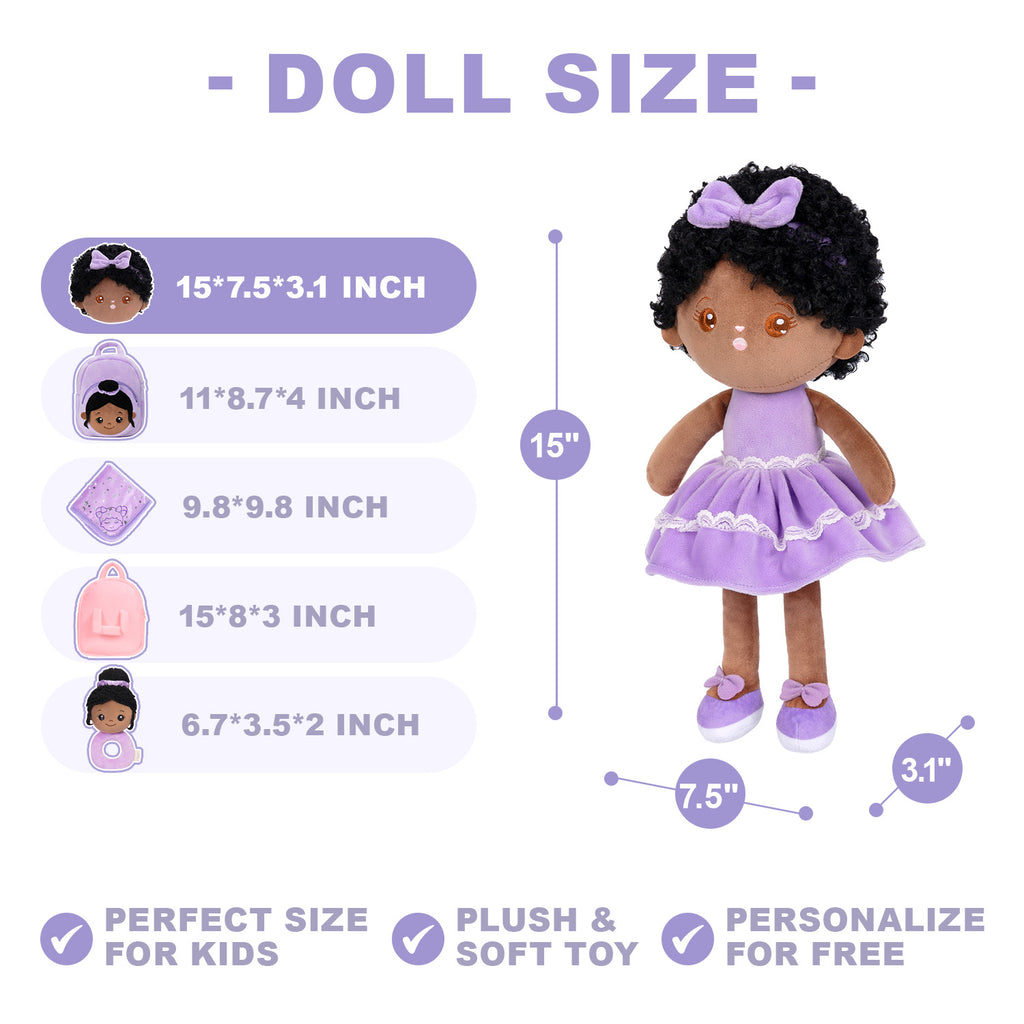Personalized Deep Skin Tone Plush Curly Hair Baby Girl Doll + Backpack
