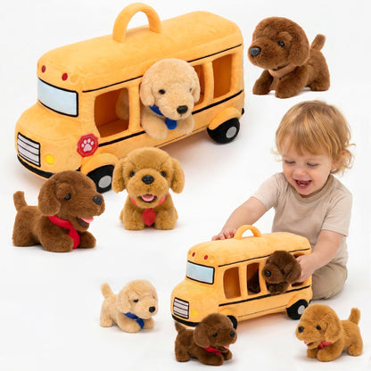 Personalised Plush Golden Retriever Puppy School Bus Playset (5-Piece Set)