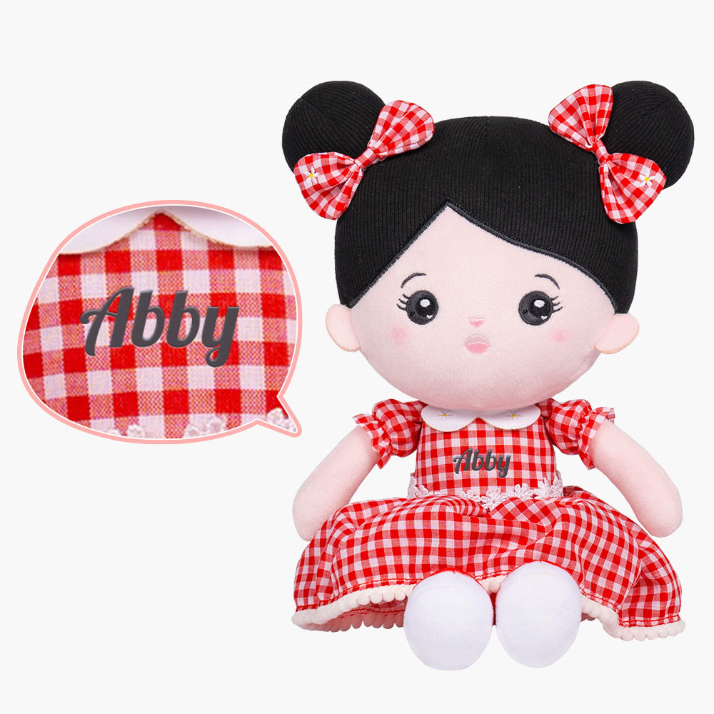 Personalized Abby Black Hair Girl Doll - Pink & Red