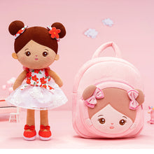 Load image into Gallery viewer, Personalized Brown Skin Tone White Floral Dress Doll + Backpack