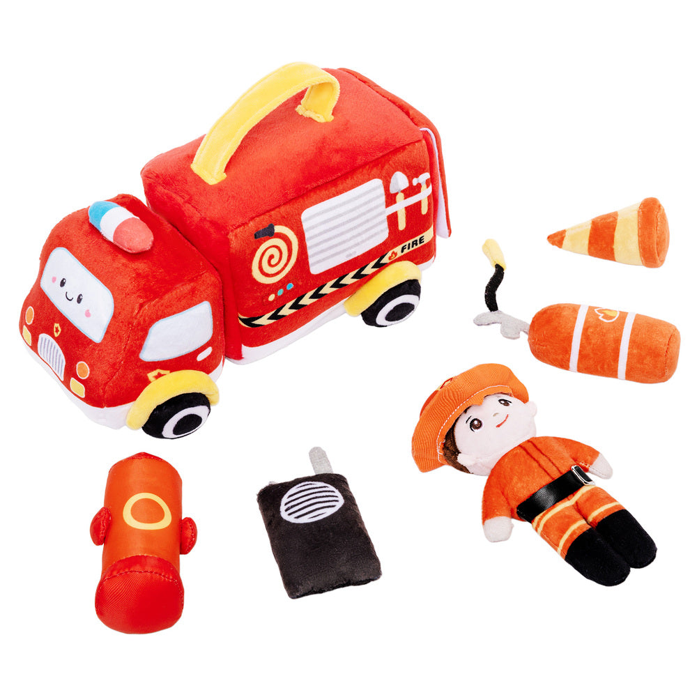 Personalized Baby's First Fire Truck Plush Playset Sensory Toy Gift Set