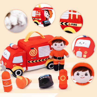 Personalized Baby's First Fire Truck Plush Playset Sensory Toy Gift Set
