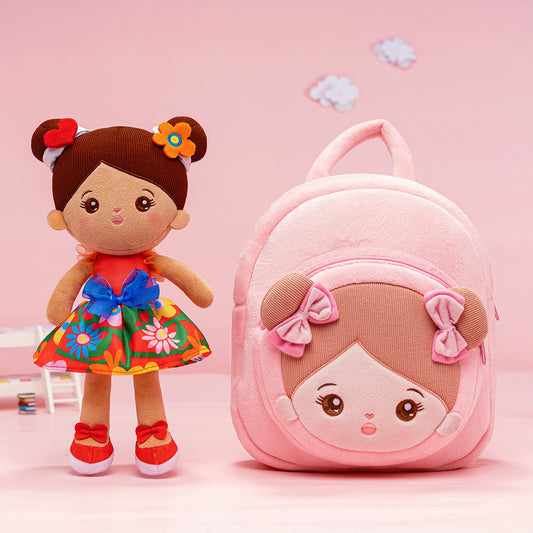 Personalized Brown Skin Red Flower Girl Doll + Backpack