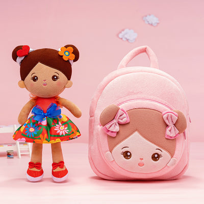 Personalized Brown Skin Red Flower Girl Doll + Backpack