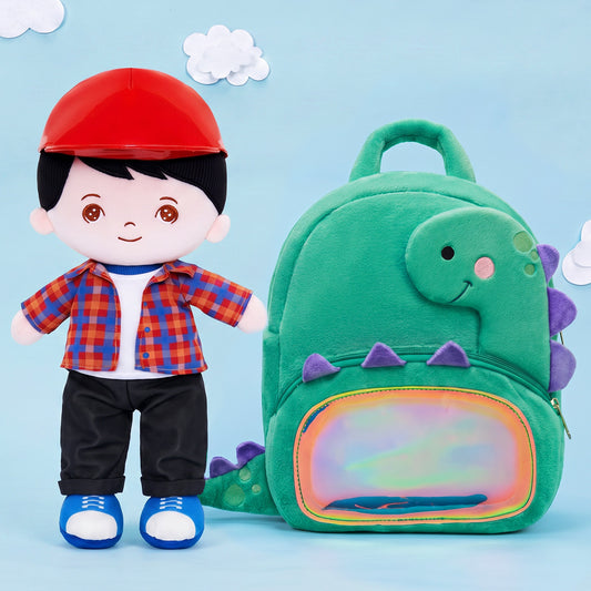 Personalized Plaid Jacket Plush Baby Boy Doll + Backpack