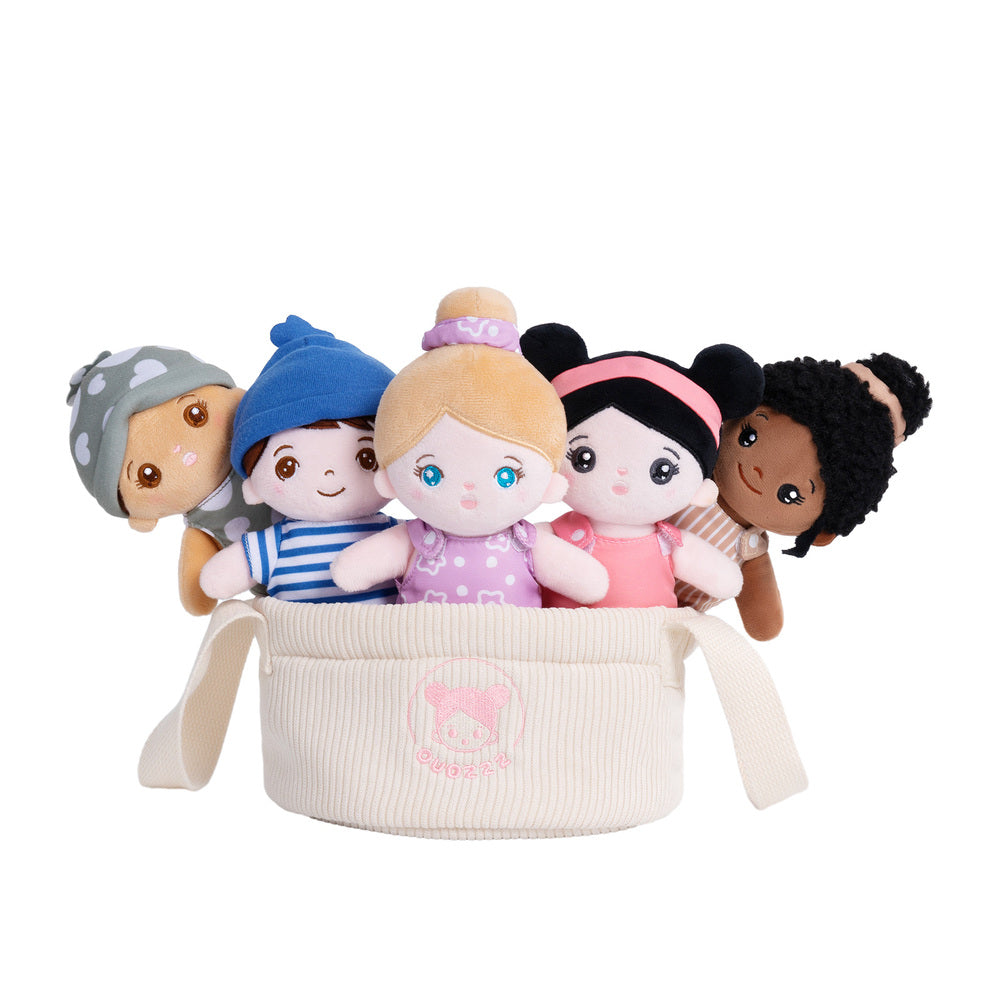 Multi-Ethnic 8'' Plush Dolls Sound Toy Gift | Set Of 5 Dolls + 1 Cloth Basket