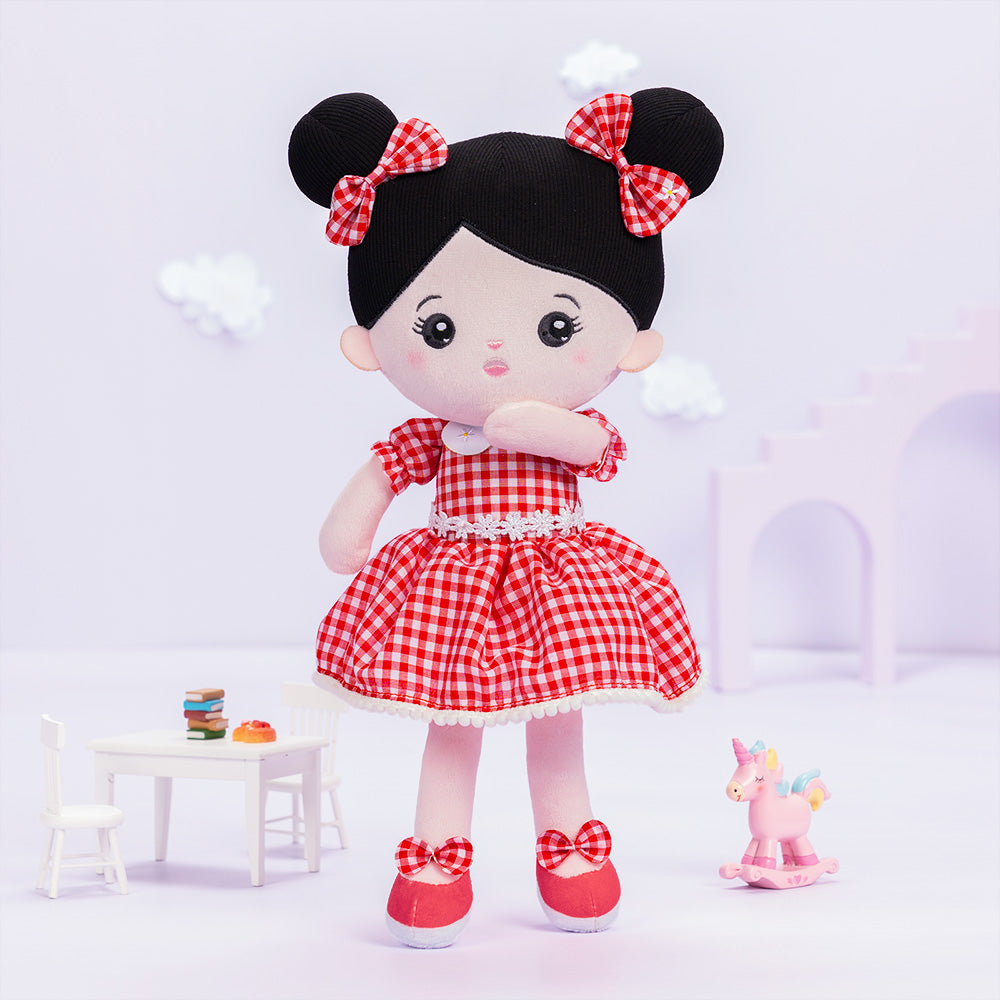 Personalized Abby Black Hair Girl Doll - Pink & Red