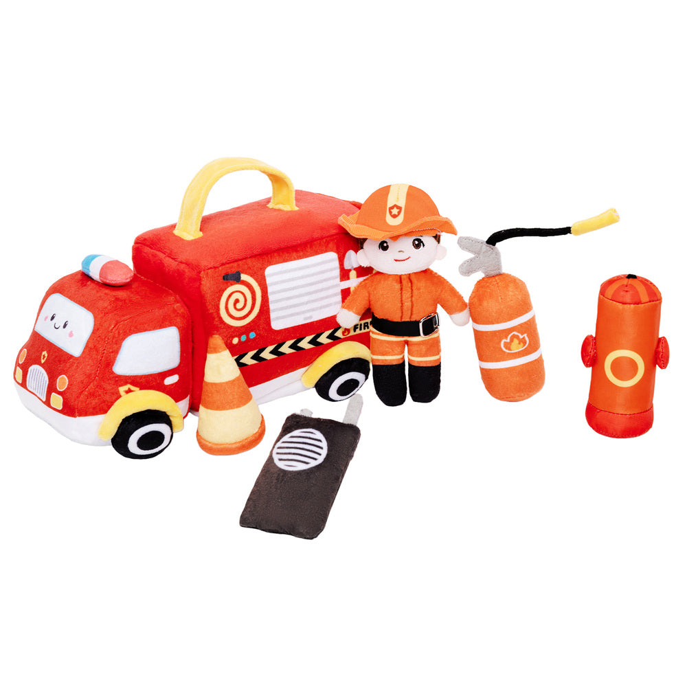 Personalized Baby's First Fire Truck Plush Playset Sensory Toy Gift Set