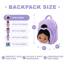 Load image into Gallery viewer, Personalized Deep Skin Tone Plush Curly Hair Baby Girl Doll + Backpack