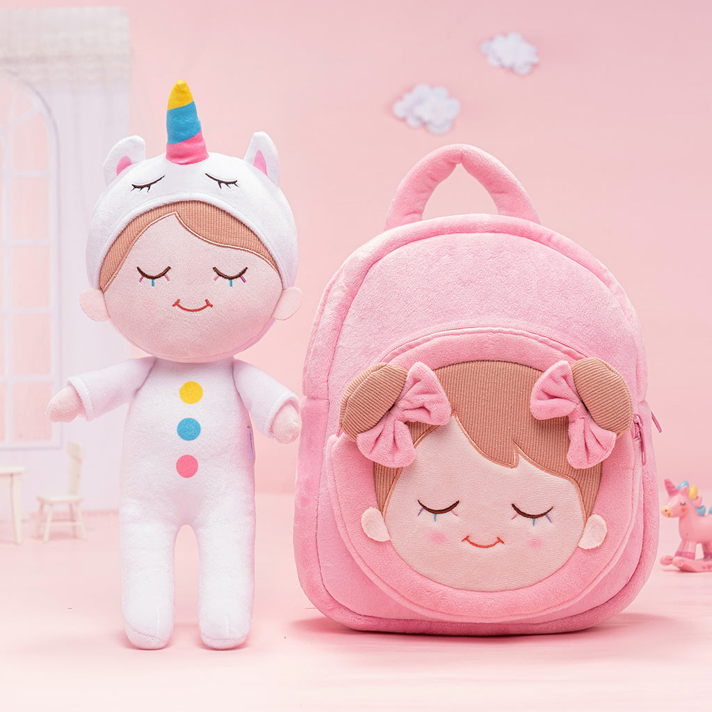 Personalized Iris White Unicorn Girl Doll + Backpack